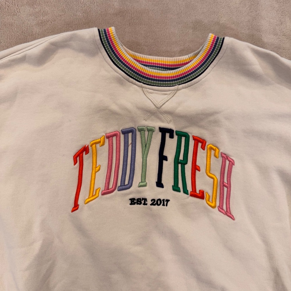 Teddy Fresh Rainbow Striped Crewneck Sweatshirt Streetwear Retro Pastel Sz L - Picture 3 of 10